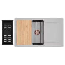 HD Onyx Grey 86-XL egymedencés gránit mosogatótálca szett, csepegtetőtálcával, vágódeszkával, acél csepegtetőráccsal és matt fekete kosárral, alpesi szürke színben, szálcsiszolt réz leeresztő szifonnal