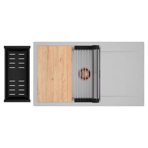 HD Onyx Grey 86-XL egymedencés gránit mosogatótálca szett, csepegtetőtálcával, vágódeszkával, acél csepegtetőráccsal és matt fekete kosárral, alpesi szürke színben, szálcsiszolt réz leeresztő szifonnal