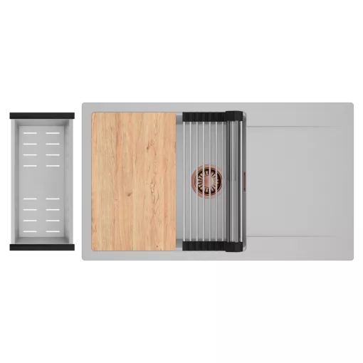 HD Onyx Grey 86-XL egymedencés gránit mosogatótálca szett, csepegtetőtálcával, vágódeszkával, acél csepegtetőráccsal és kosárral, alpesi szürke színben, szálcsiszolt réz leeresztő szifonnal