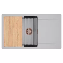 HD Onyx Grey 86-XL egymedencés gránit mosogatótálca szett, csepegtetőtálcával, vágódeszkával, acél csepegtetőráccsal, alpesi szürke színben, szálcsiszolt réz leeresztő szifonnal