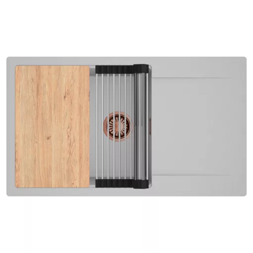 HD Onyx Grey 86-XL egymedencés gránit mosogatótálca szett, csepegtetőtálcával, vágódeszkával, acél csepegtetőráccsal, alpesi szürke színben, szálcsiszolt réz leeresztő szifonnal