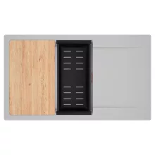 HD Onyx Grey 86-XL egymedencés gránit mosogatótálca szett, csepegtetőtálcával, vágódeszkával, matt fekete csepegtetőkosárral, alpesi szürke színben, szálcsiszolt réz leeresztő szifonnal