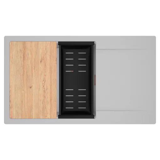 HD Onyx Grey 86-XL egymedencés gránit mosogatótálca szett, csepegtetőtálcával, vágódeszkával, matt fekete csepegtetőkosárral, alpesi szürke színben, szálcsiszolt réz leeresztő szifonnal