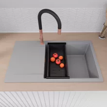 HD Onyx Grey 86-XL egymedencés gránit mosogatótálca szett, csepegtetőtálcával, vágódeszkával, matt fekete csepegtetőkosárral, alpesi szürke színben, szálcsiszolt réz leeresztő szifonnal