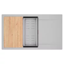 HD Onyx Grey 86-XL egymedencés gránit mosogatótálca szett, csepegtetőtálcával, vágódeszkával, acél csepegtetőkosárral, alpesi szürke színben, szálcsiszolt réz leeresztő szifonnal