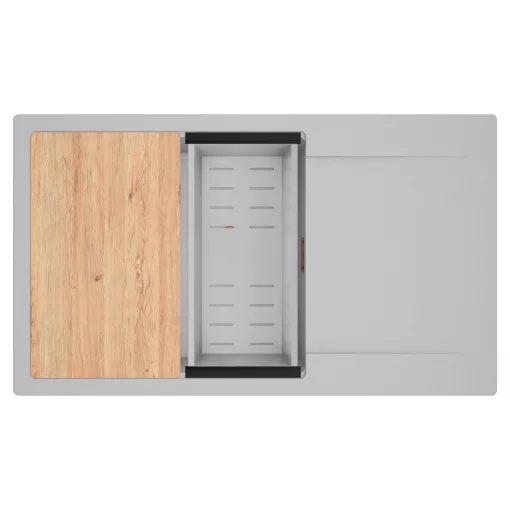 HD Onyx Grey 86-XL egymedencés gránit mosogatótálca szett, csepegtetőtálcával, vágódeszkával, acél csepegtetőkosárral, alpesi szürke színben, szálcsiszolt réz leeresztő szifonnal