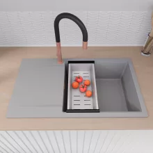 HD Onyx Grey 86-XL egymedencés gránit mosogatótálca szett, csepegtetőtálcával, vágódeszkával, acél csepegtetőkosárral, alpesi szürke színben, szálcsiszolt réz leeresztő szifonnal