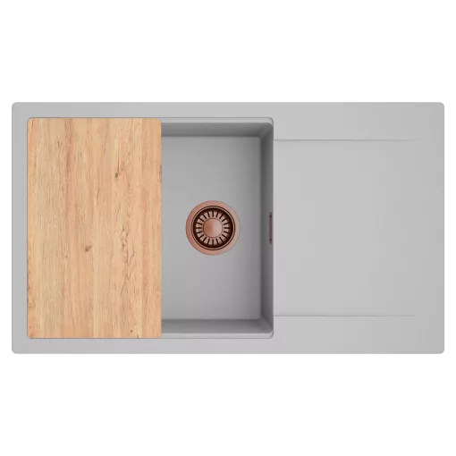 HD Onyx Grey 86-XL egymedencés gránit mosogatótálca, vágódeszkával, alpesi szürke színben, szálcsiszolt réz leeresztő szifonnal