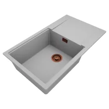 HD Onyx Grey 86-XL egymedencés gránit mosogatótálca, vágódeszkával, alpesi szürke színben, szálcsiszolt réz leeresztő szifonnal