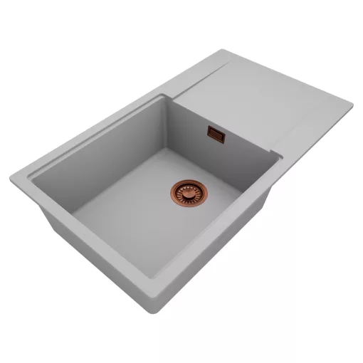 HD Onyx Grey 86-XL egymedencés gránit mosogatótálca, vágódeszkával, alpesi szürke színben, szálcsiszolt réz leeresztő szifonnal