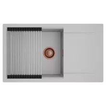 HD Onyx Grey 86-XL egymedencés mosogatótálca szett, acél csepegtetőráccsal, csepegtetőtálcával, alpesi szürke színben, szálcsiszolt réz leeresztő szifonnal