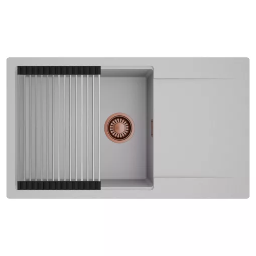 HD Onyx Grey 86-XL egymedencés mosogatótálca szett, acél csepegtetőráccsal, csepegtetőtálcával, alpesi szürke színben, szálcsiszolt réz leeresztő szifonnal