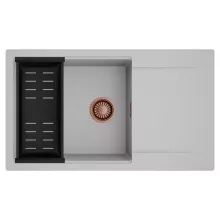 HD Onyx Grey 86-XL egymedencés mosogatótálca szett, matt fekete csepegtetőkosárral, csepegtetőtálcával, alpesi szürke színben, szálcsiszolt réz leeresztő szifonnal