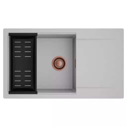 HD Onyx Grey 86-XL egymedencés mosogatótálca szett, matt fekete csepegtetőkosárral, csepegtetőtálcával, alpesi szürke színben, szálcsiszolt réz leeresztő szifonnal