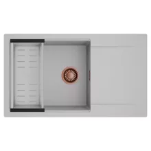 HD Onyx Grey 86-XL egymedencés mosogatótálca szett, acél csepegtetőkosárral, csepegtetőtálcával, alpesi szürke színben, szálcsiszolt réz leeresztő szifonnal