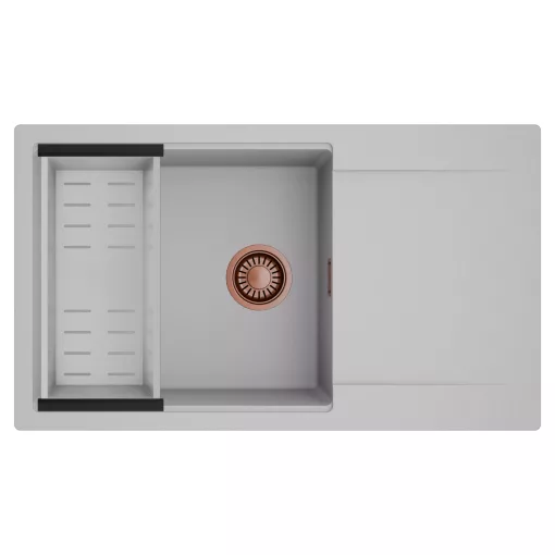 HD Onyx Grey 86-XL egymedencés mosogatótálca szett, acél csepegtetőkosárral, csepegtetőtálcával, alpesi szürke színben, szálcsiszolt réz leeresztő szifonnal