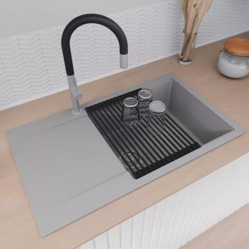 HD Onyx Grey 86-XL egymedencés mosogatótálca szett, matt fekete csepegtetőráccsal és krómozott kosárral, csepegtetőtálcával, alpesi szürke színben