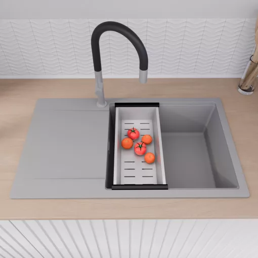 HD Onyx Grey 86-XL egymedencés mosogatótálca szett, matt fekete csepegtetőráccsal és krómozott kosárral, csepegtetőtálcával, alpesi szürke színben