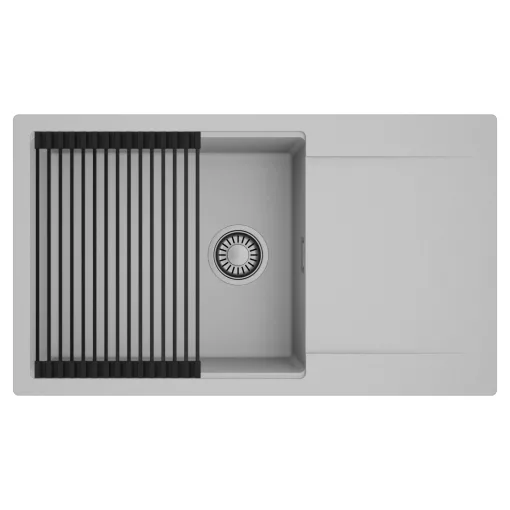 HD Onyx Grey 86-XL egymedencés mosogatótálca szett, matt fekete csepegtetőráccsal, csepegtetőtálcával, alpesi szürke színben