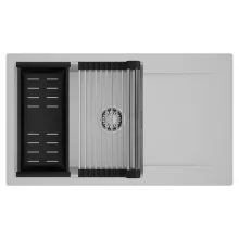 HD Onyx Grey 86-XL egymedencés mosogatótálca szett, acél csepegtetőráccsal és matt fekete kosárral, csepegtetőtálcával, alpesi szürke színben