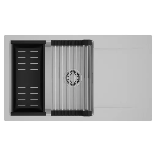 HD Onyx Grey 86-XL egymedencés mosogatótálca szett, acél csepegtetőráccsal és matt fekete kosárral, csepegtetőtálcával, alpesi szürke színben