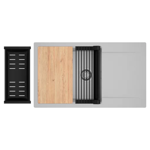 HD Onyx Grey 86-XL egymedencés gránit mosogatótálca szett, csepegtetőtálcával, vágódeszkával, matt fekete csepegtetőráccsal és kosárral, alpesi szürke színben