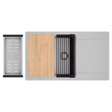 HD Onyx Grey 86-XL egymedencés gránit mosogatótálca szett, csepegtetőtálcával, vágódeszkával, matt fekete csepegtetőráccsal és krómozott kosárral, alpesi szürke színben