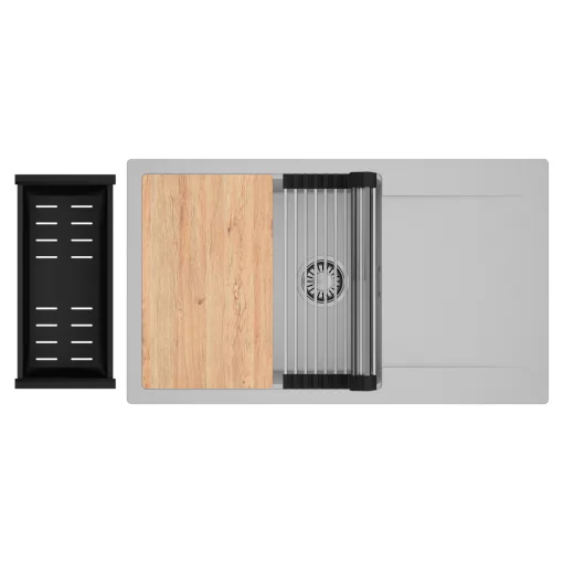 HD Onyx Grey 86-XL egymedencés gránit mosogatótálca szett, csepegtetőtálcával, vágódeszkával, acél csepegtetőráccsal és matt fekete kosárral, alpesi szürke színben