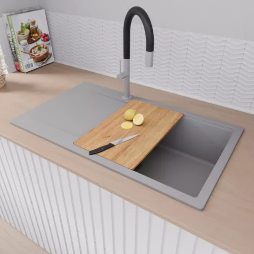 HD Onyx Grey 86-XL egymedencés gránit mosogatótálca szett, csepegtetőtálcával, vágódeszkával, acél csepegtetőráccsal és matt fekete kosárral, alpesi szürke színben