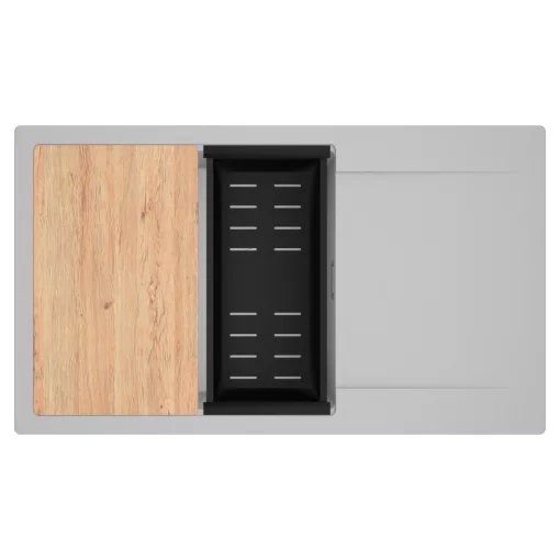 HD Onyx Grey 86-XL egymedencés gránit mosogatótálca szett, csepegtetőtálcával, vágódeszkával, matt fekete csepegtetőkosárral, alpesi szürke színben