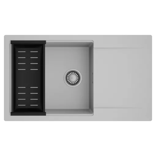 HD Onyx Grey 86-XL egymedencés mosogatótálca szett, matt fekete csepegtetőkosárral, csepegtetőtálcával, alpesi szürke színben