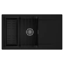 HD Onyx Black 86-XL egymedencés mosogatótálca szett, matt fekete csepegtetőráccsal és kosárral, csepegtetőtálcával, matt fekete színben, szálcsiszolt króm leeresztő szifonnal