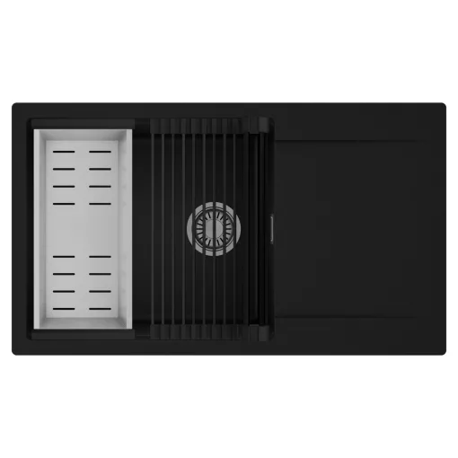 HD Onyx Black 86-XL egymedencés mosogatótálca szett, matt fekete csepegtetőráccsal és krómozott kosárral, csepegtetőtálcával, matt fekete színben, szálcsiszolt króm leeresztő szifonnal