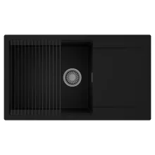 HD Onyx Black 86-XL egymedencés mosogatótálca szett, matt fekete csepegtetőráccsal, csepegtetőtálcával, matt fekete színben, szálcsiszolt króm leeresztő szifonnal