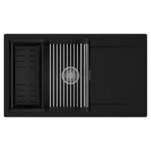 HD Onyx Black 86-XL egymedencés mosogatótálca szett, acél csepegtetőráccsal és matt fekete kosárral, csepegtetőtálcával, matt fekete színben, szálcsiszolt króm leeresztő szifonnal