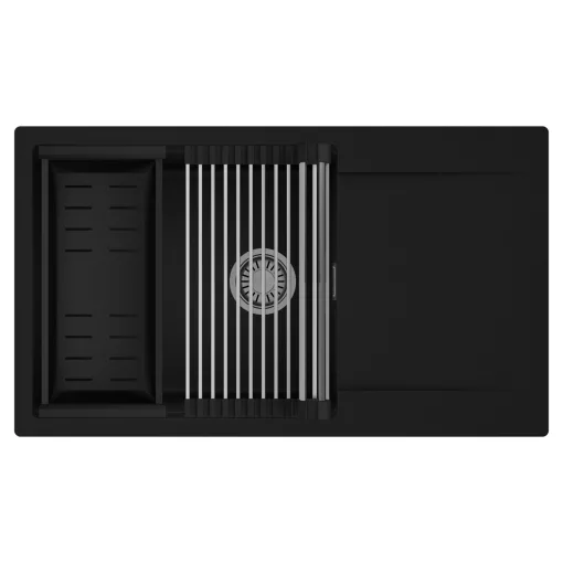 HD Onyx Black 86-XL egymedencés mosogatótálca szett, acél csepegtetőráccsal és matt fekete kosárral, csepegtetőtálcával, matt fekete színben, szálcsiszolt króm leeresztő szifonnal