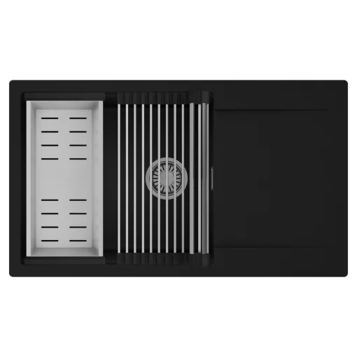 HD Onyx Black 86-XL egymedencés mosogatótálca szett, acél csepegtetőráccsal és kosárral, csepegtetőtálcával, matt fekete színben, szálcsiszolt króm leeresztő szifonnal