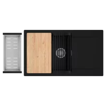 HD Onyx Black 86-XL egymedencés gránit mosogatótálca szett, csepegtetőtálcával, vágódeszkával, matt fekete csepegtetőráccsal és krómozott kosárral, matt fekete színben, szálcsiszolt króm leeresztő szifonnal