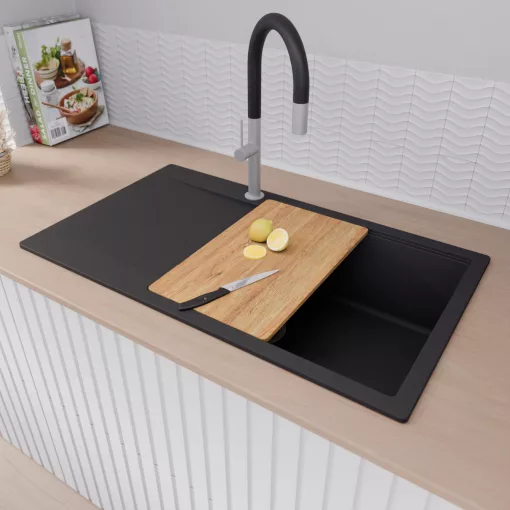 HD Onyx Black 86-XL egymedencés gránit mosogatótálca szett, csepegtetőtálcával, vágódeszkával, matt fekete csepegtetőráccsal és krómozott kosárral, matt fekete színben, szálcsiszolt króm leeresztő szifonnal