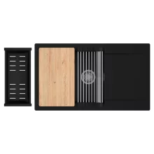 HD Onyx Black 86-XL egymedencés gránit mosogatótálca szett, csepegtetőtálcával, vágódeszkával, acél csepegtetőráccsal és matt fekete kosárral, matt fekete színben, szálcsiszolt króm leeresztő szifonnal