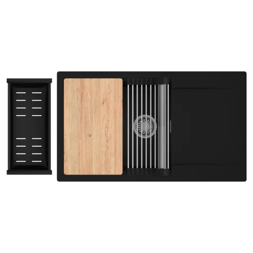 HD Onyx Black 86-XL egymedencés gránit mosogatótálca szett, csepegtetőtálcával, vágódeszkával, acél csepegtetőráccsal és matt fekete kosárral, matt fekete színben, szálcsiszolt króm leeresztő szifonnal