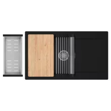 HD Onyx Black 86-XL egymedencés gránit mosogatótálca szett, csepegtetőtálcával, vágódeszkával, acél csepegtetőráccsal és kosárral, matt fekete színben, szálcsiszolt króm leeresztő szifonnal