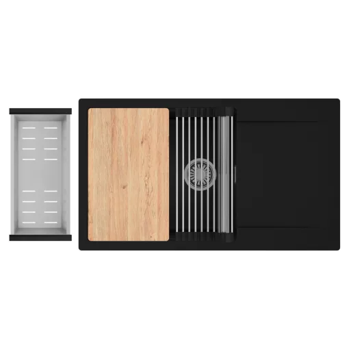 HD Onyx Black 86-XL egymedencés gránit mosogatótálca szett, csepegtetőtálcával, vágódeszkával, acél csepegtetőráccsal és kosárral, matt fekete színben, szálcsiszolt króm leeresztő szifonnal