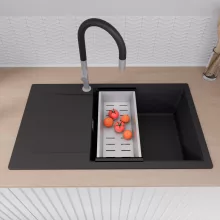 HD Onyx Black 86-XL egymedencés gránit mosogatótálca szett, csepegtetőtálcával, vágódeszkával, acél csepegtetőráccsal és kosárral, matt fekete színben, szálcsiszolt króm leeresztő szifonnal