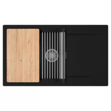 HD Onyx Black 86-XL egymedencés gránit mosogatótálca szett, csepegtetőtálcával, vágódeszkával, acél csepegtetőráccsal, matt fekete színben, szálcsiszolt króm leeresztő szifonnal