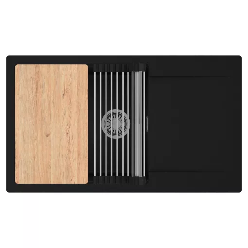 HD Onyx Black 86-XL egymedencés gránit mosogatótálca szett, csepegtetőtálcával, vágódeszkával, acél csepegtetőráccsal, matt fekete színben, szálcsiszolt króm leeresztő szifonnal