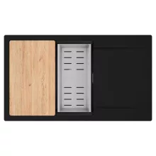 HD Onyx Black 86-XL egymedencés gránit mosogatótálca szett, csepegtetőtálcával, vágódeszkával, acél csepegtetőkosárral, matt fekete színben, szálcsiszolt króm leeresztő szifonnal