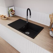 HD Onyx Black 86-XL egymedencés gránit mosogatótálca, vágódeszkával, matt fekete színben, szálcsiszolt króm leeresztő szifonnal