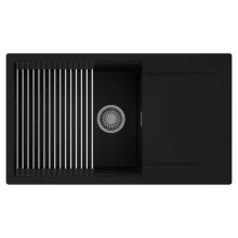 HD Onyx Black 86-XL egymedencés mosogatótálca szett, acél csepegtetőráccsal, csepegtetőtálcával, matt fekete színben, szálcsiszolt króm leeresztő szifonnal