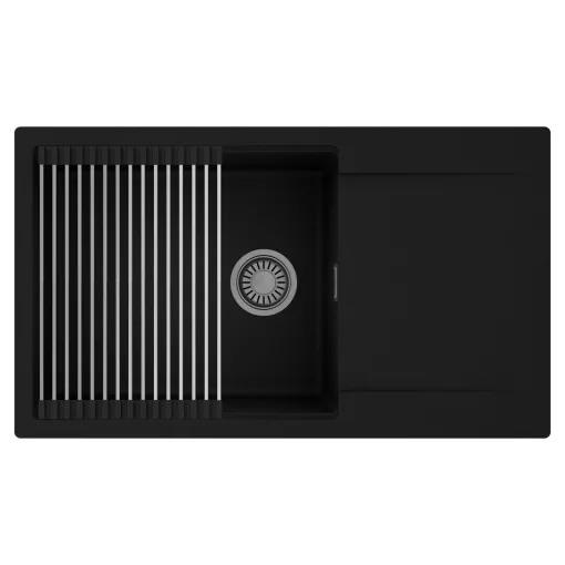 HD Onyx Black 86-XL egymedencés mosogatótálca szett, acél csepegtetőráccsal, csepegtetőtálcával, matt fekete színben, szálcsiszolt króm leeresztő szifonnal